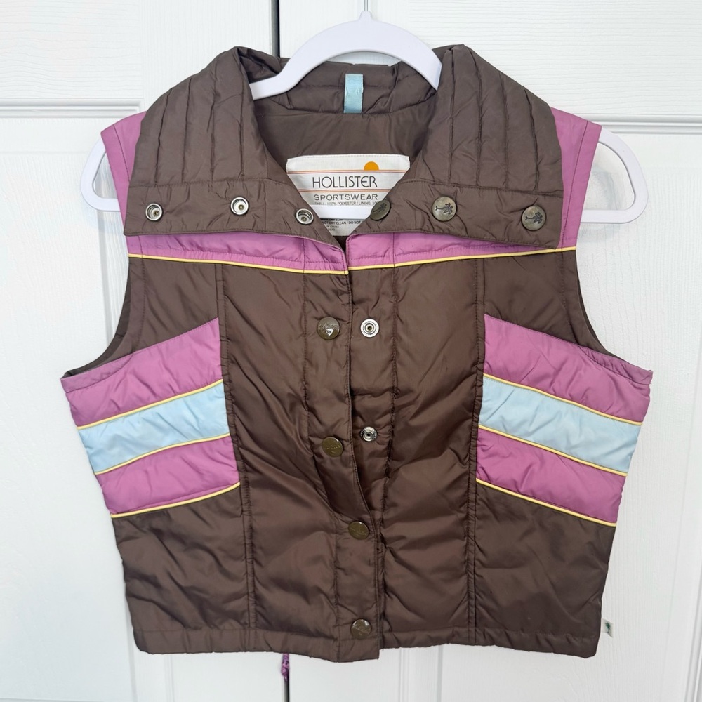 Vintage 90’s Rare Hollister Brown Quilted Striped Puffer Vest LARGE